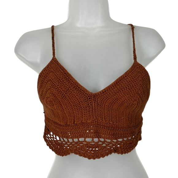 EARTHBOUND Tops - Earthbound Trading Burnt Orange Crochet Knit Cropped Halter Lace Back Tank Top M